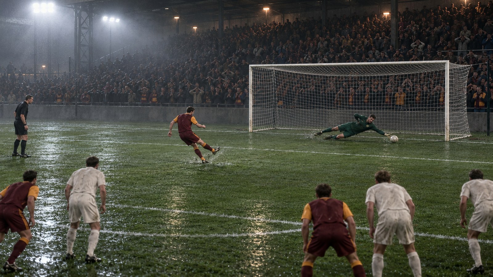 A generic goalkeeper saving a late penalty beneath Scottish stadium floodlights