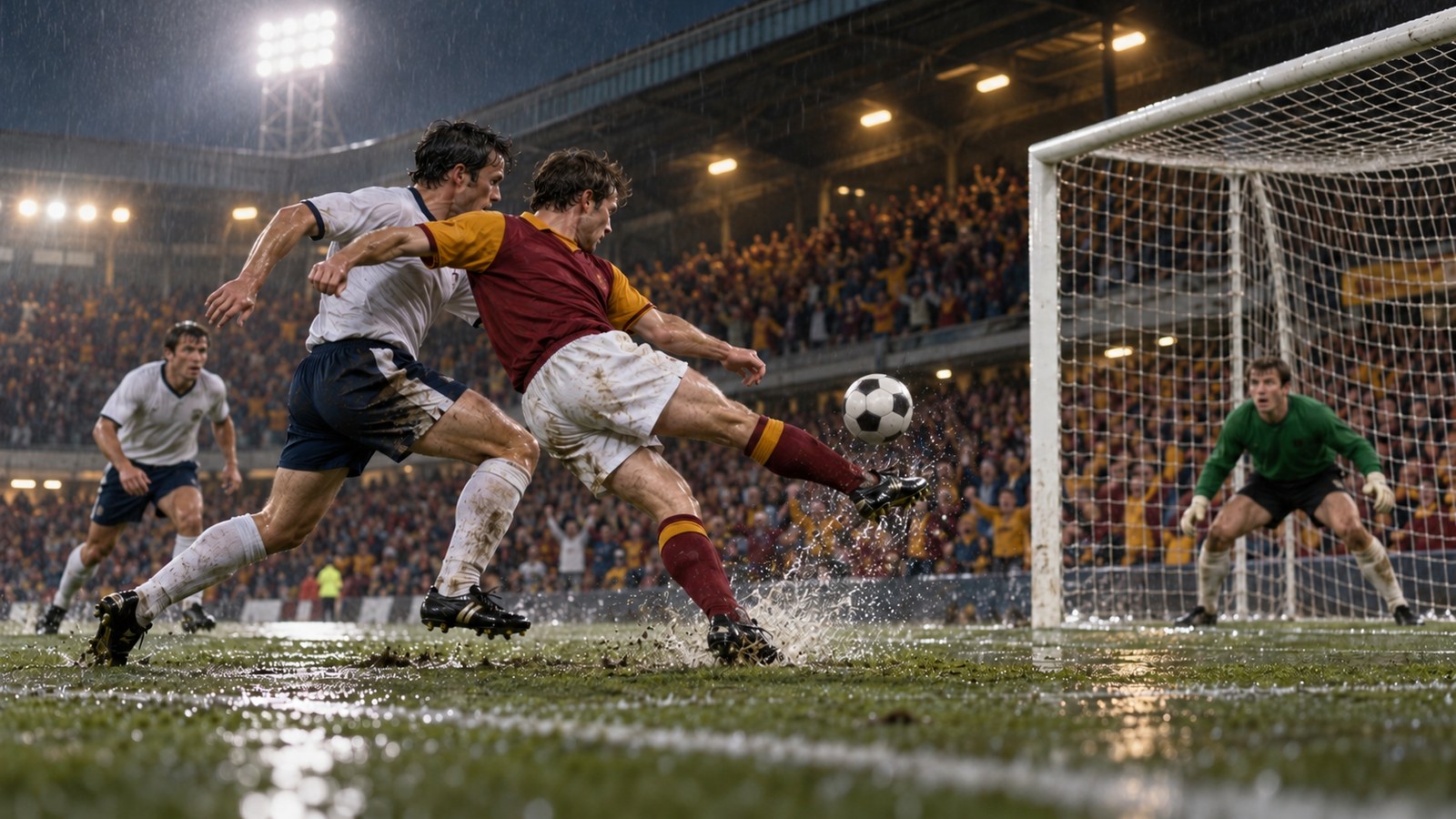 A fictional forward striking a stoppage-time volley from a tight angle at a Scottish stadium