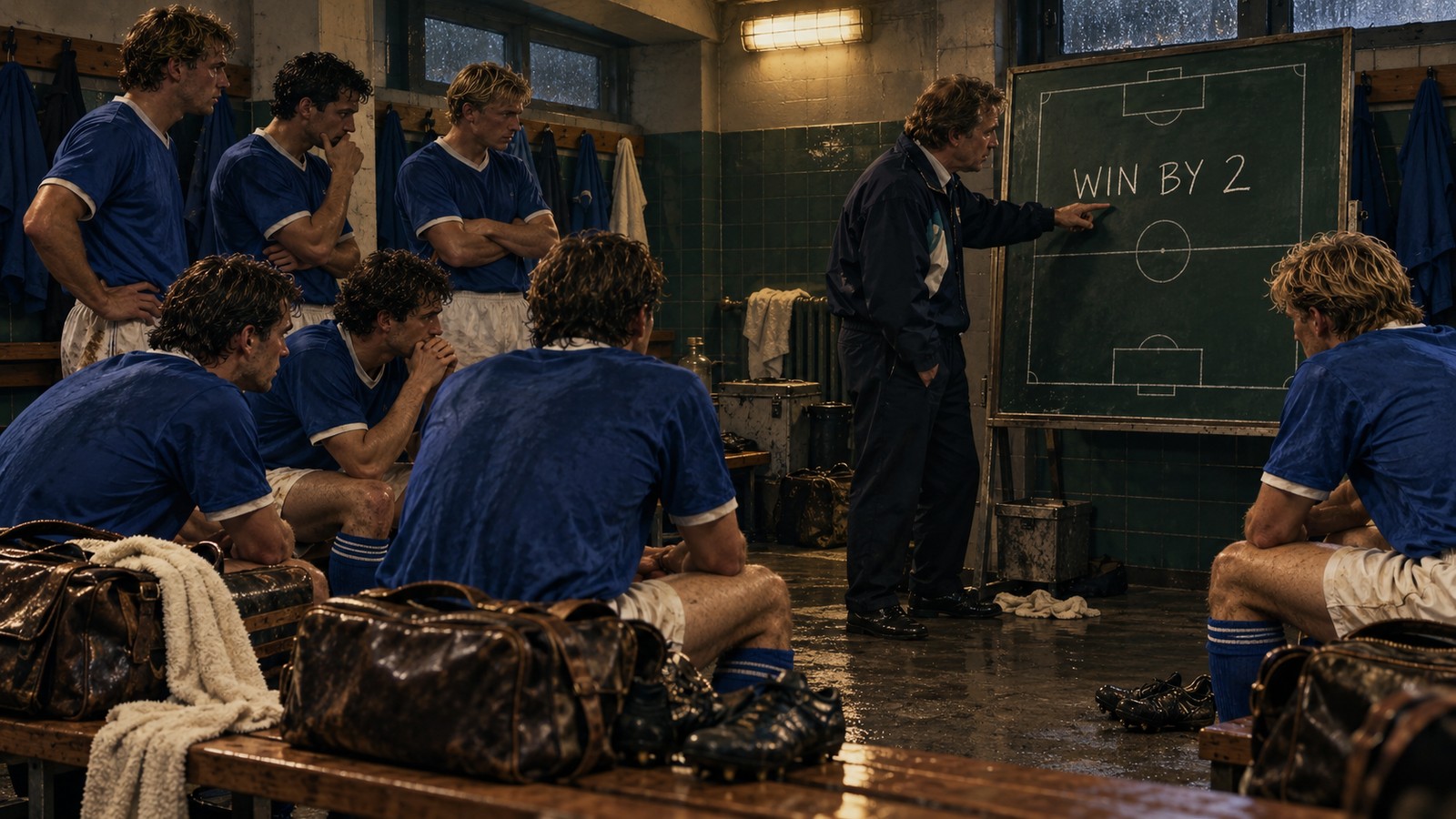 A generic Danish club studies a two-goal requirement on a dressing-room tactical board before a 1994 European match