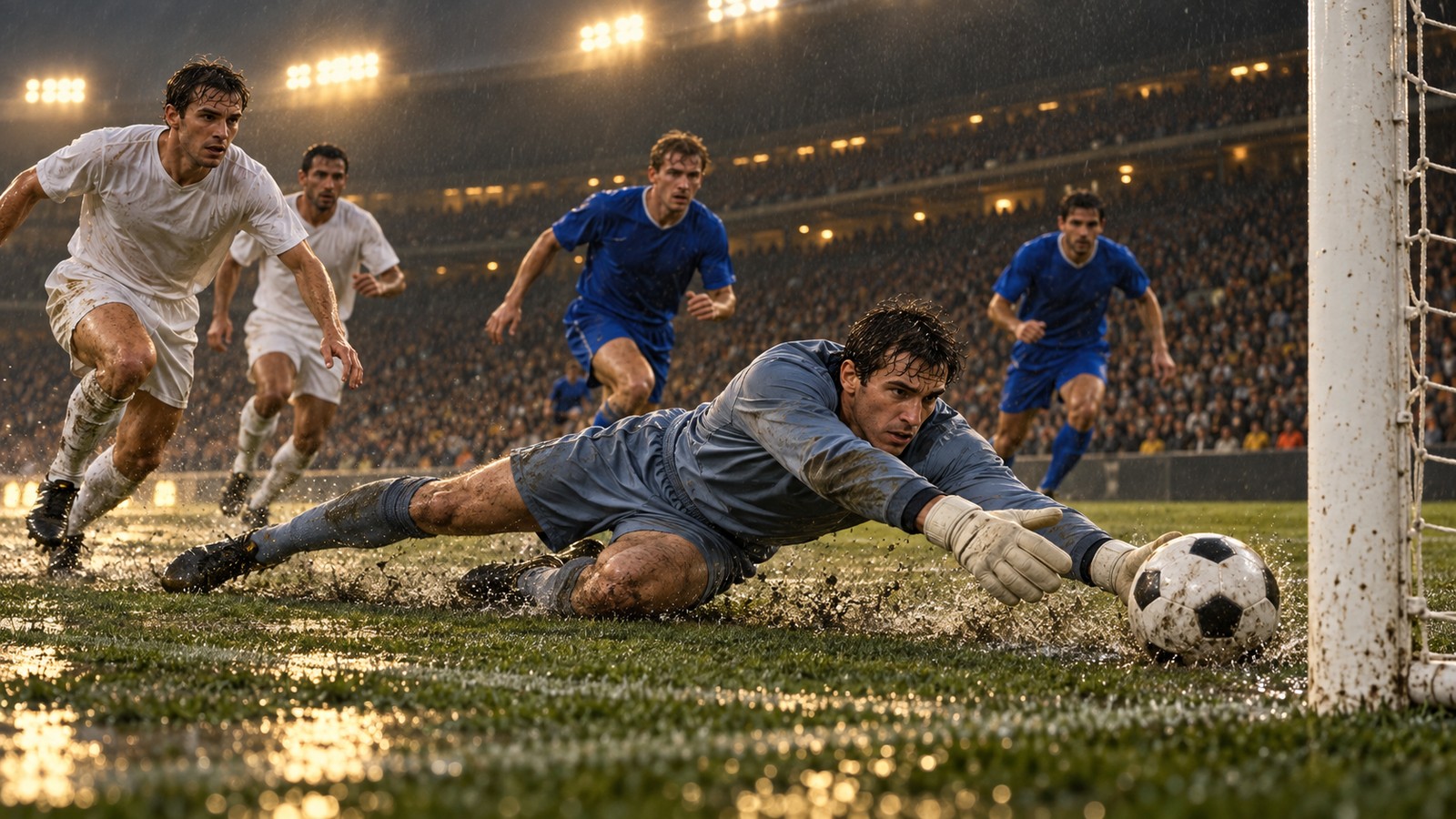 A generic goalkeeper in a plain blue 1990s kit saves low under floodlights in a vast Madrid stadium