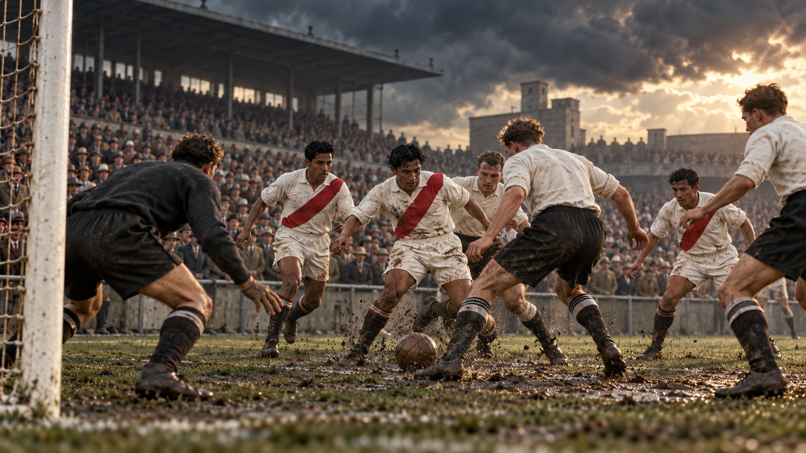 Peruvian and Austrian footballers contest a loose ball in a crowded 1936 Berlin ground