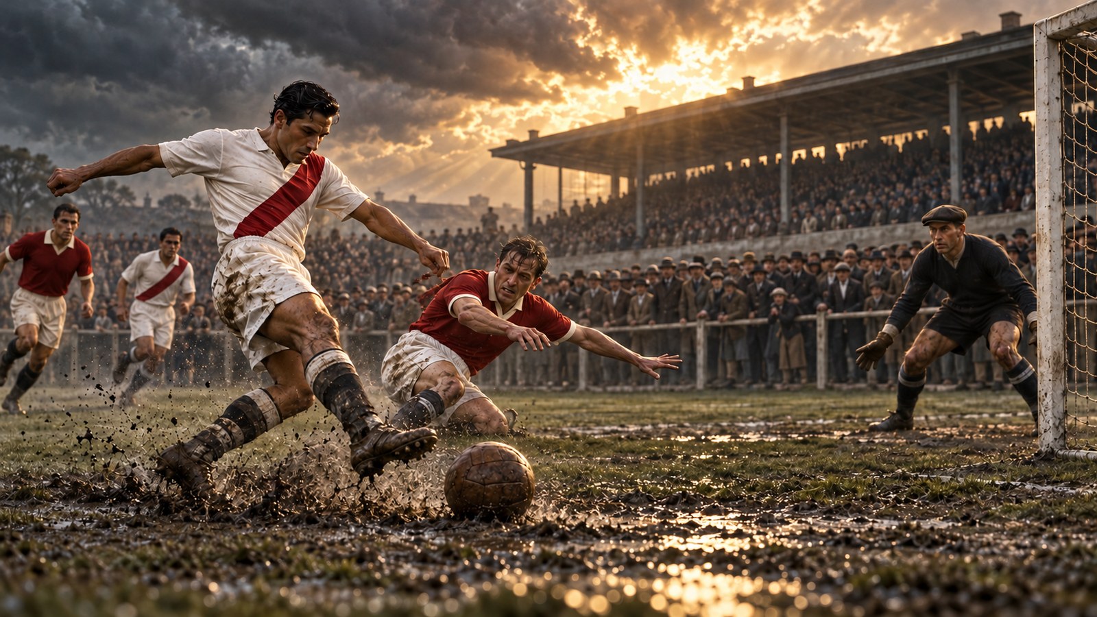 A plain red-and-white Peruvian forward shoots during extra time in a period Berlin stadium