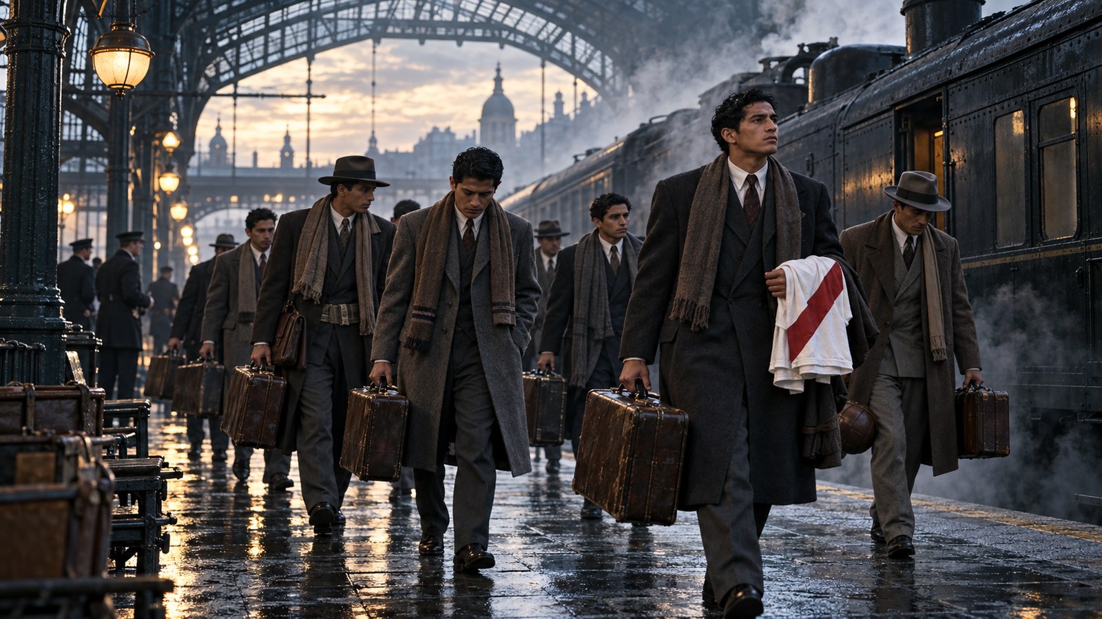 Peruvian athletes in period travel clothes leave a Berlin railway platform after the disputed Olympic ruling