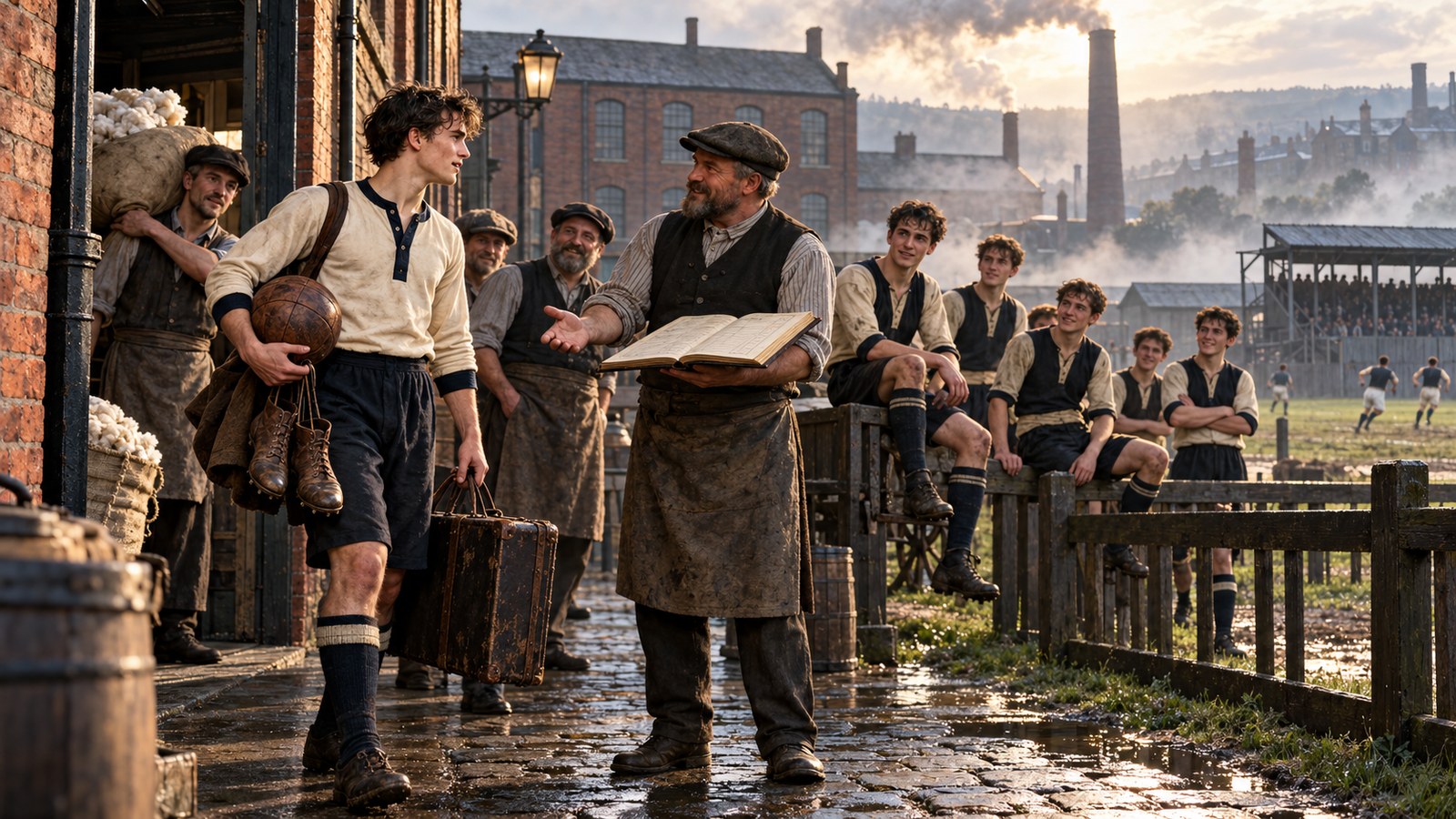 A fictional Scottish football recruit arrives beside a Victorian cotton mill and football ground