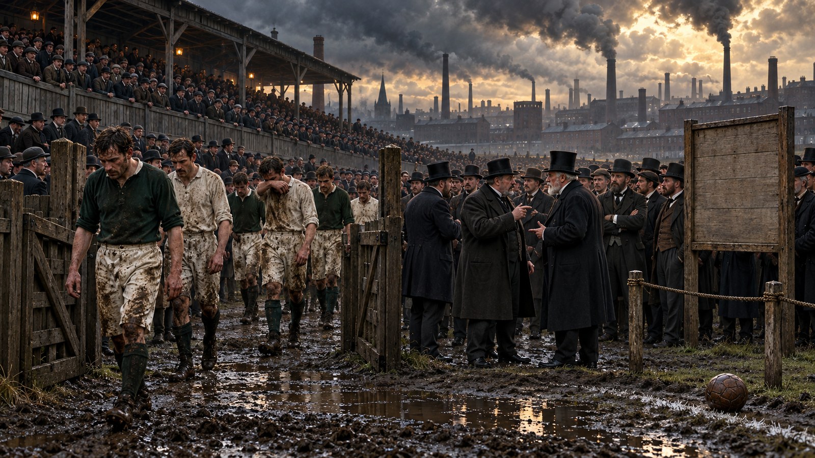 Victorian footballers leave a muddy ground while club officials argue after a cup protest