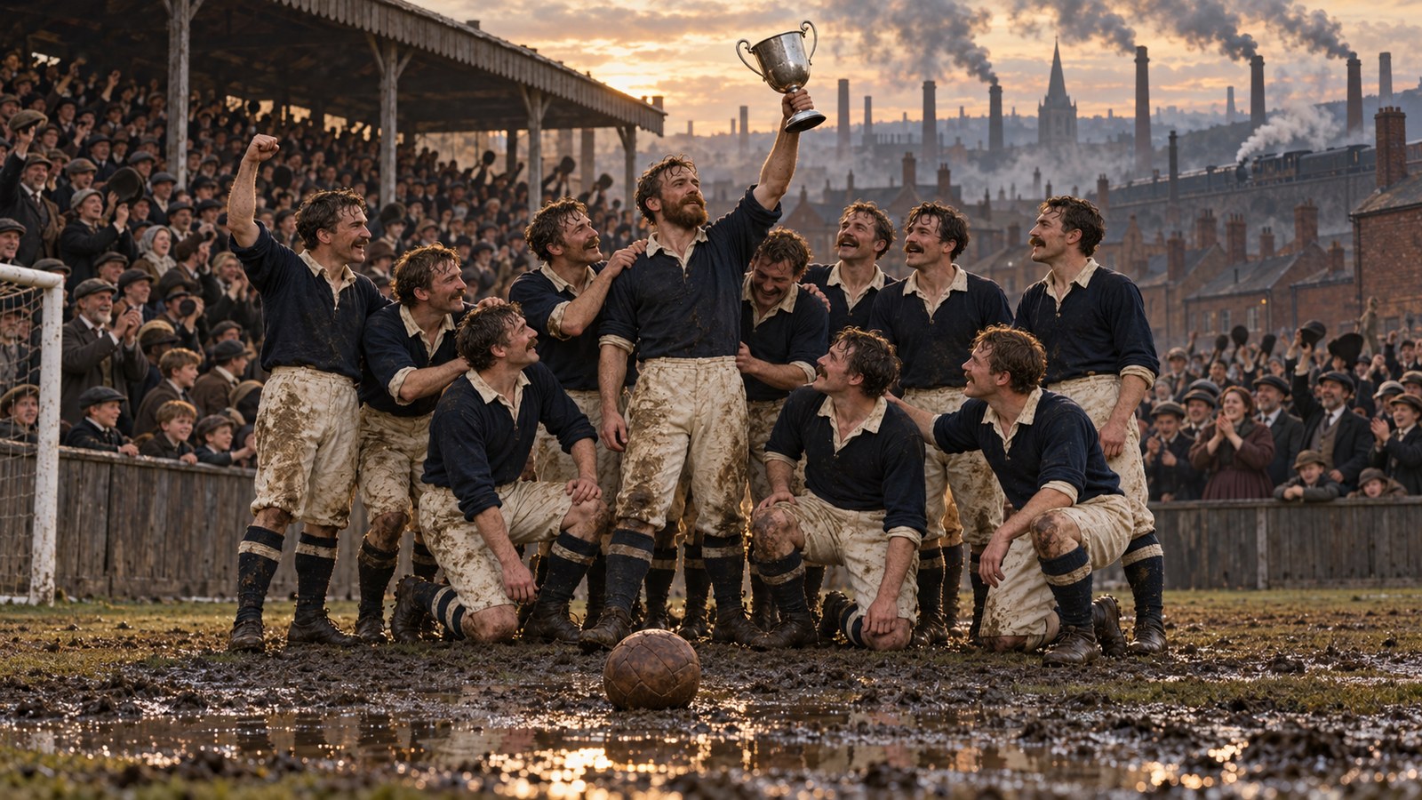 A fictional Victorian football team celebrates an unbeaten league season with one silver cup