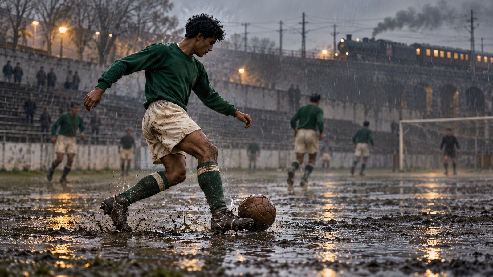 A fictional young Saint-Etienne forward trains beneath spring rain in 1958 before leaving France