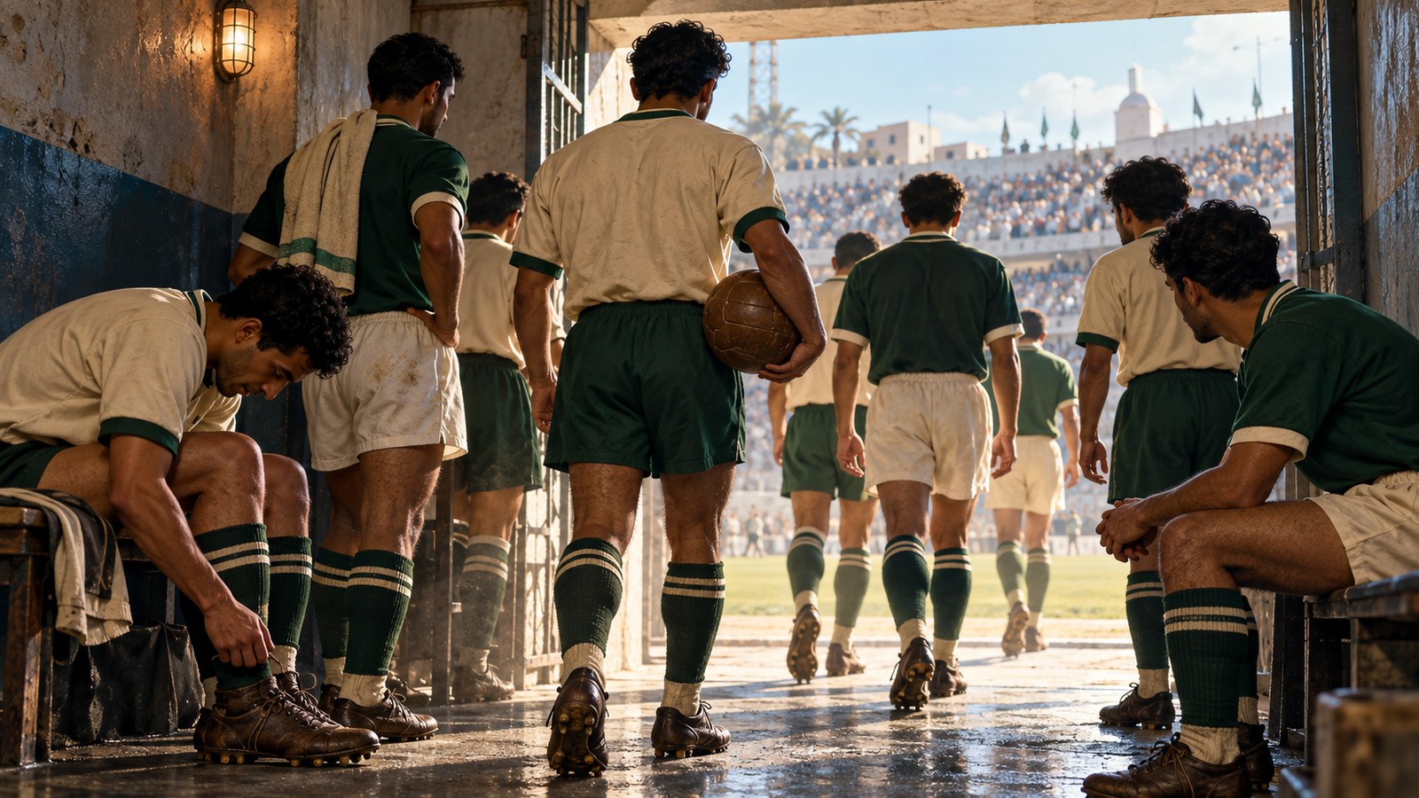 Fictional FLN footballers gather in a 1958 Tunis stadium tunnel before an international tour match