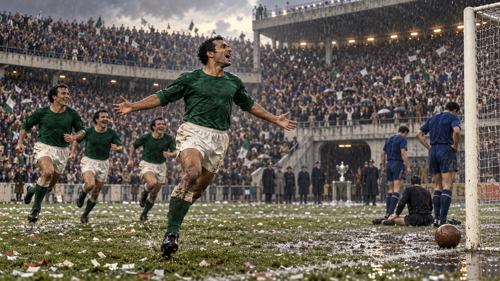 A fictional veteran Saint-Etienne forward celebrates scoring in the 1968 French cup final