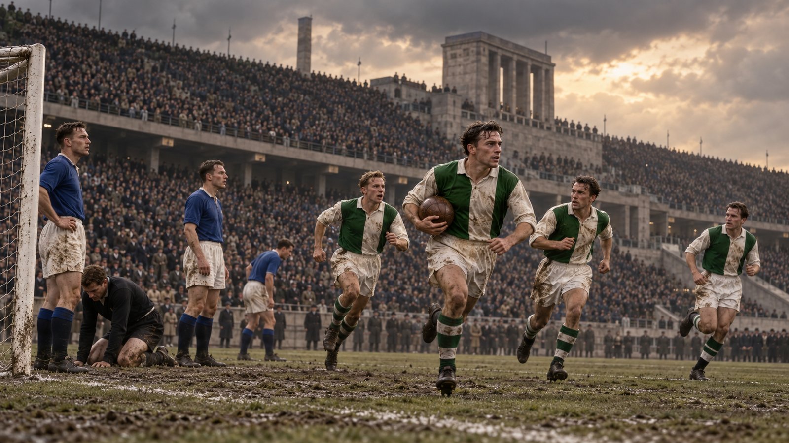A fictional green-and-white Vienna side begins its comeback against blue-shirted opponents in a vast 1941 Berlin stadium