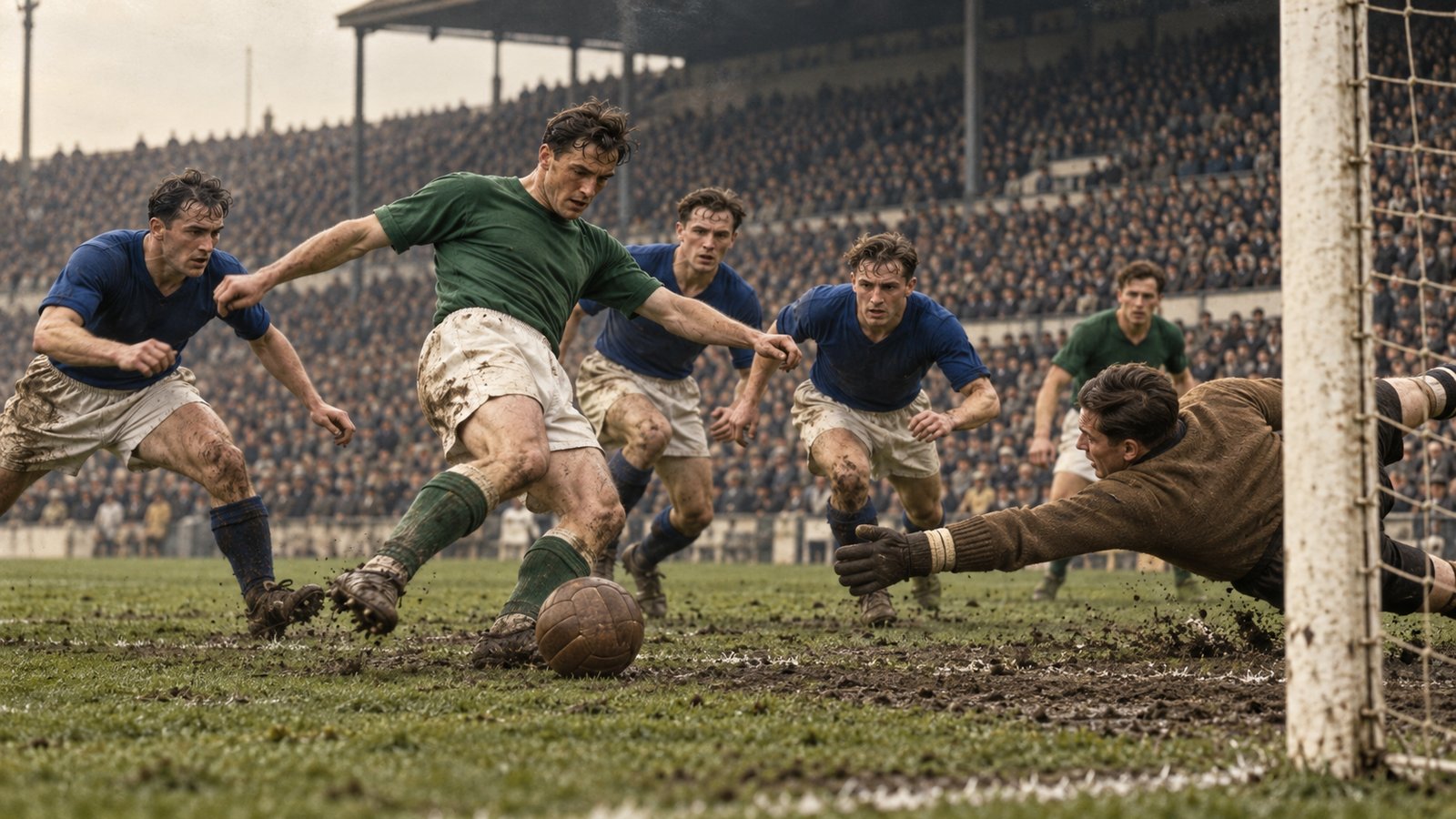 A fictional Vienna centre-forward in plain green strikes amid a crowded 1941 penalty area