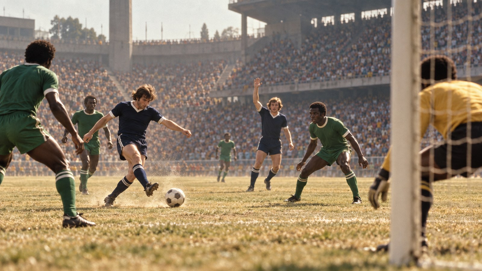 Fictional Scotland and Zaire players contest a sunlit 1974 World Cup match