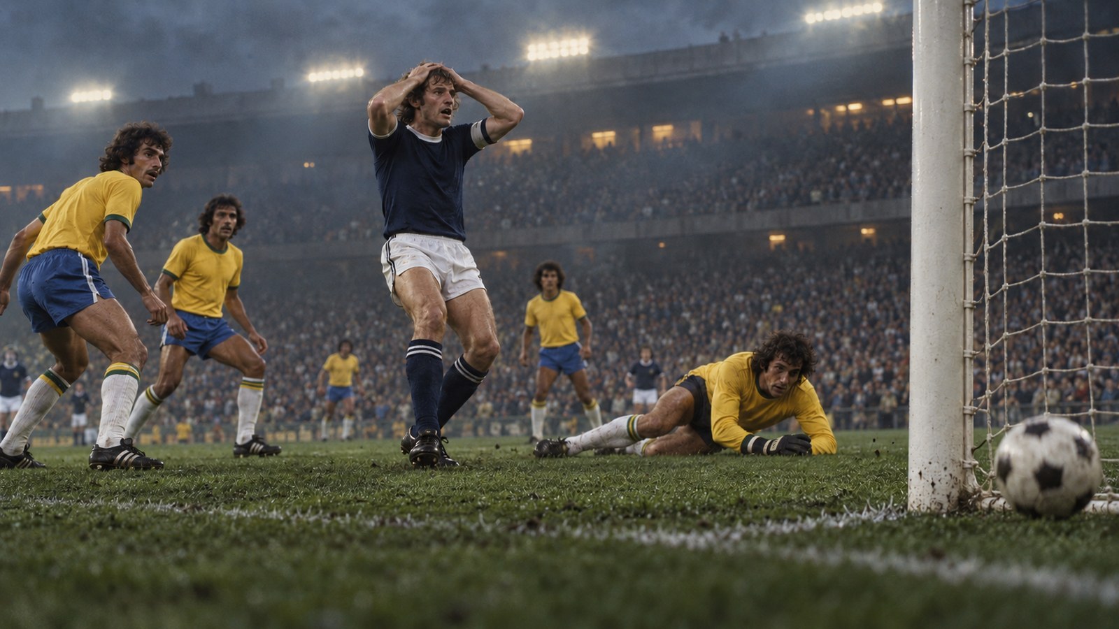 A fictional Scotland captain watches a rebound pass the post against Brazil-inspired opponents
