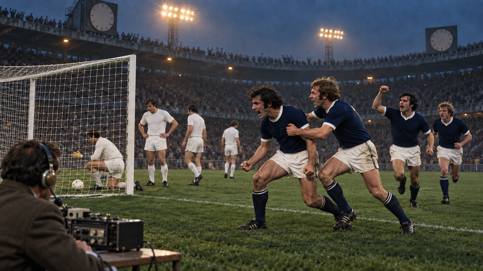 Fictional Scotland players celebrate a late equaliser as radio news arrives from another stadium