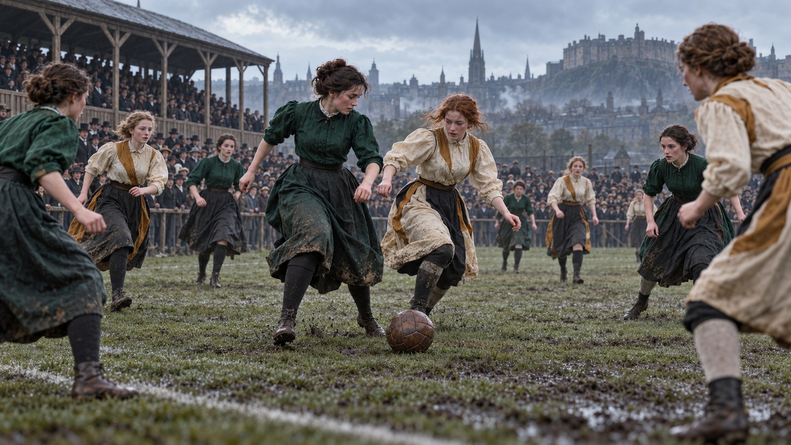 Women footballers compete at Hibernian Park during the 1881 Scotland and England tour