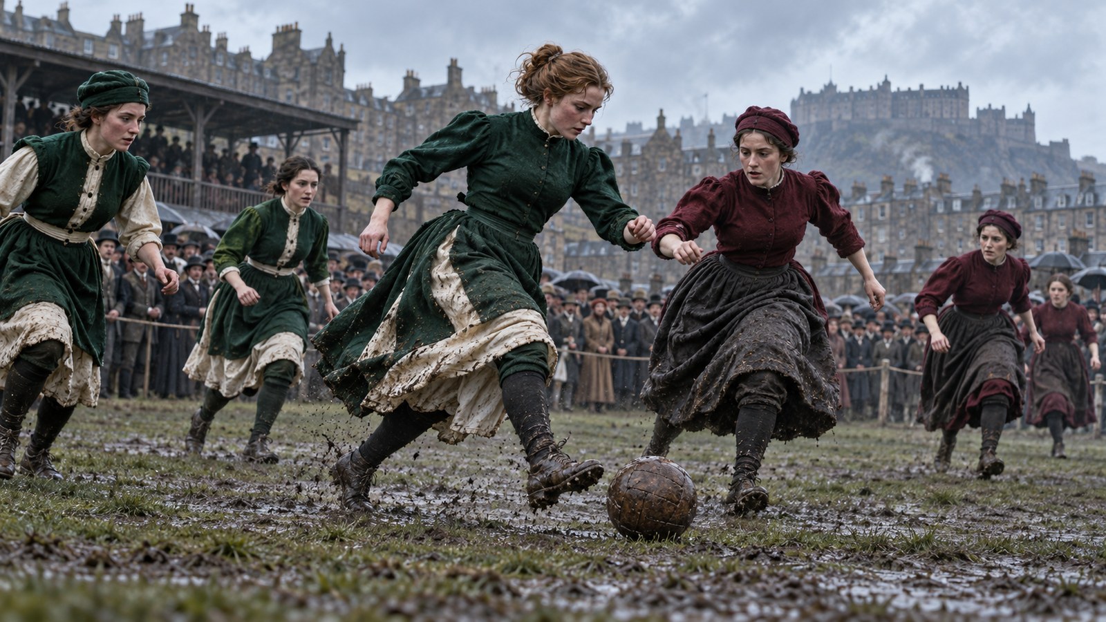 Women footballers in plain Victorian sports dress prepare to begin the 1881 Edinburgh match at Hibernian Park