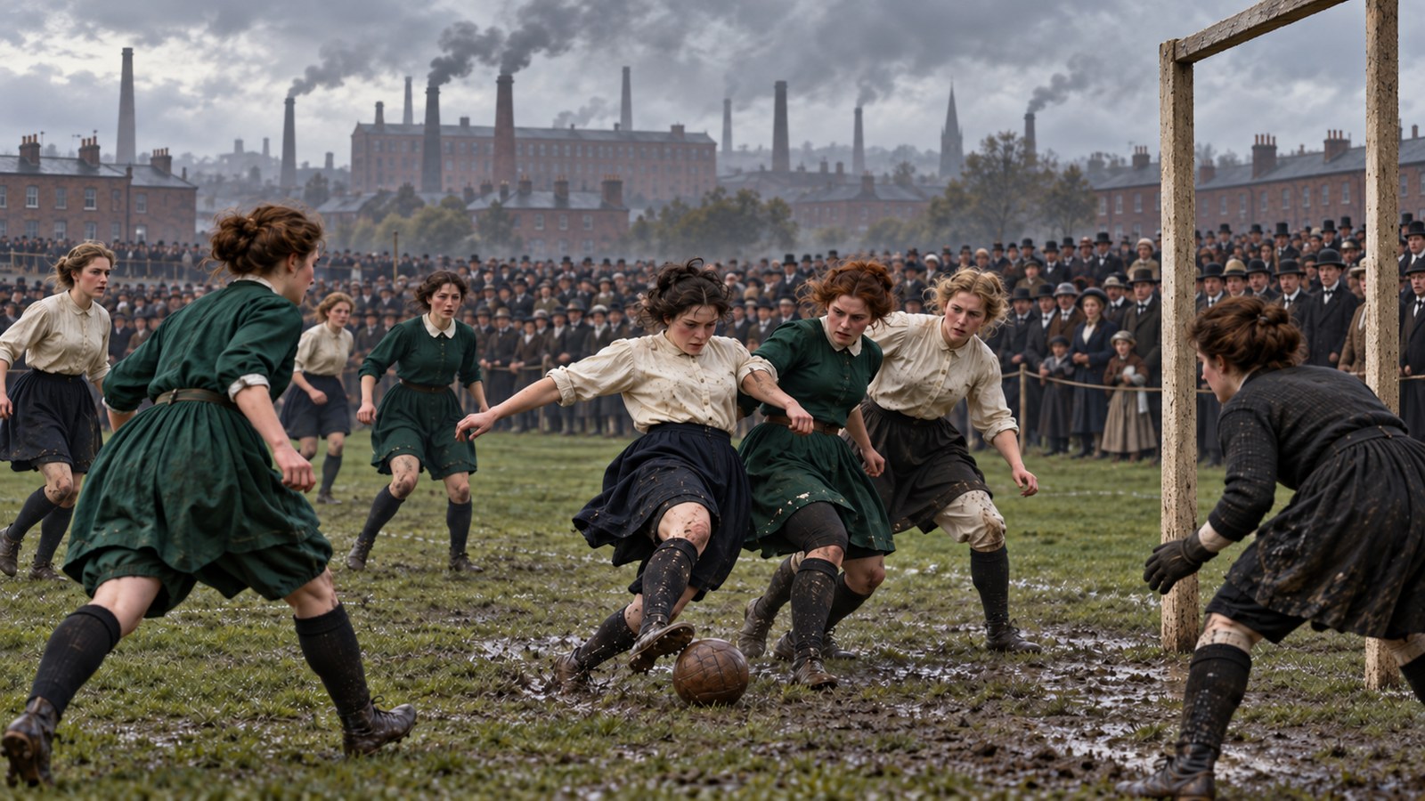 An 1881 women’s football match at Blackburn Olympic unfolds before a large crowd kept behind the pitch edge