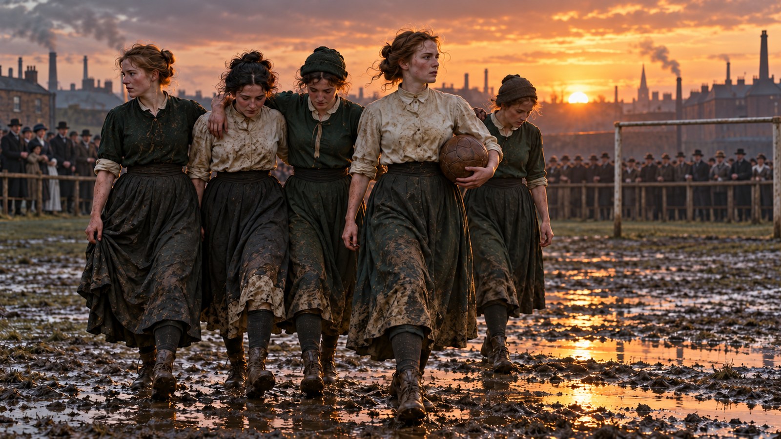 Women footballers leave an 1881 Liverpool pitch together after completing another match on their difficult tour