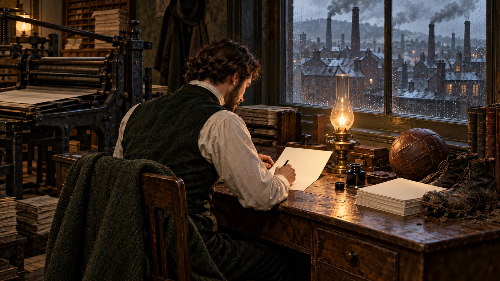 A Victorian Sheffield correspondent writes beside a hand press, football and muddy boots