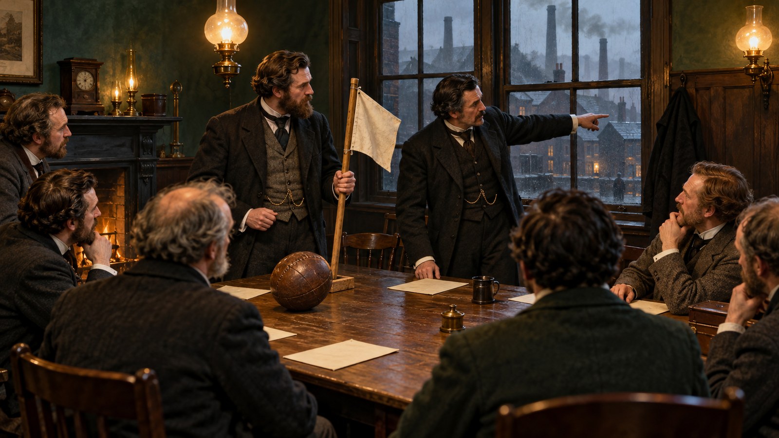 Sheffield delegates debate a corner restart around a table in 1868