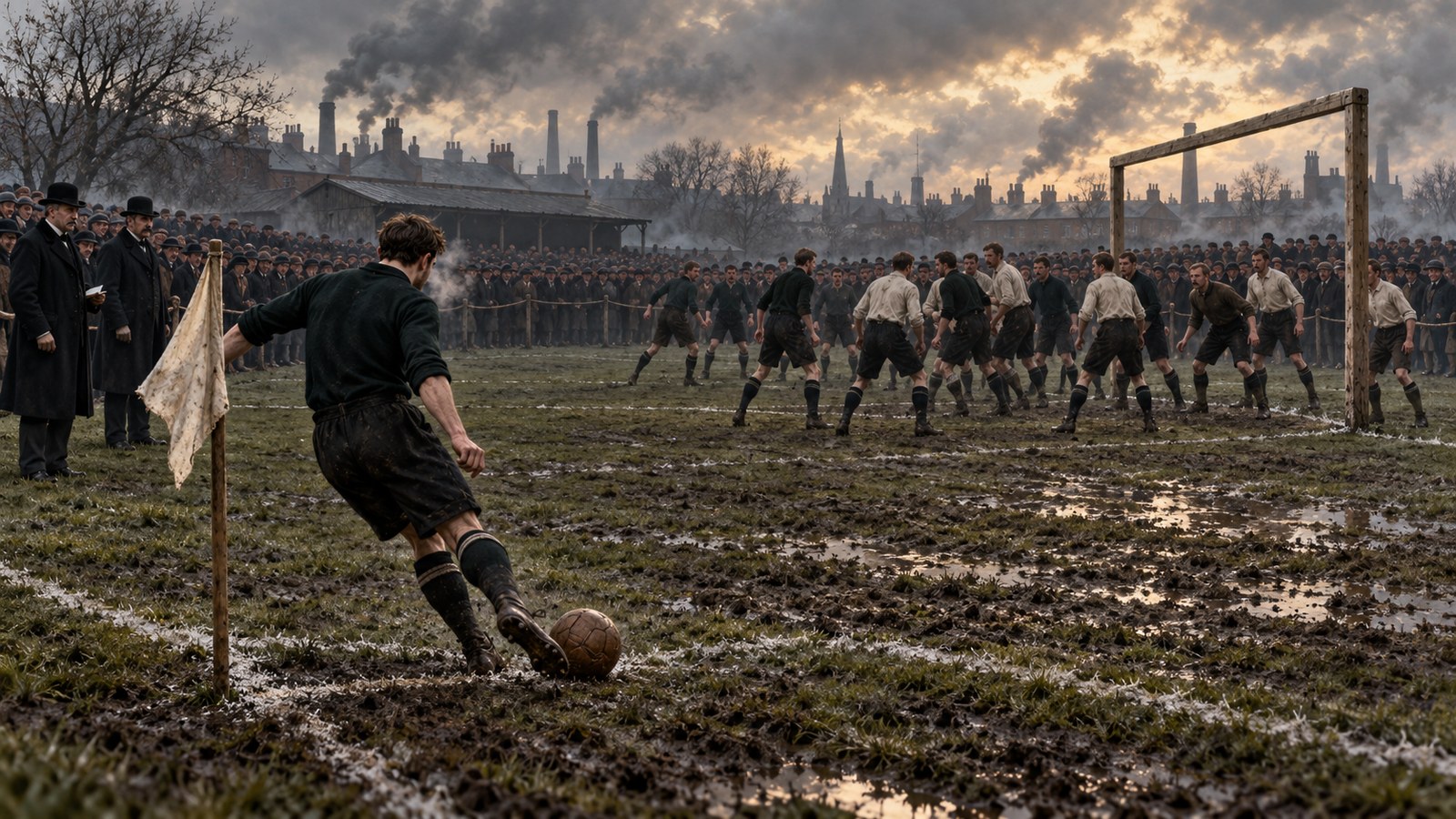 A Victorian player delivers a corner toward a crowded goalmouth in 1872