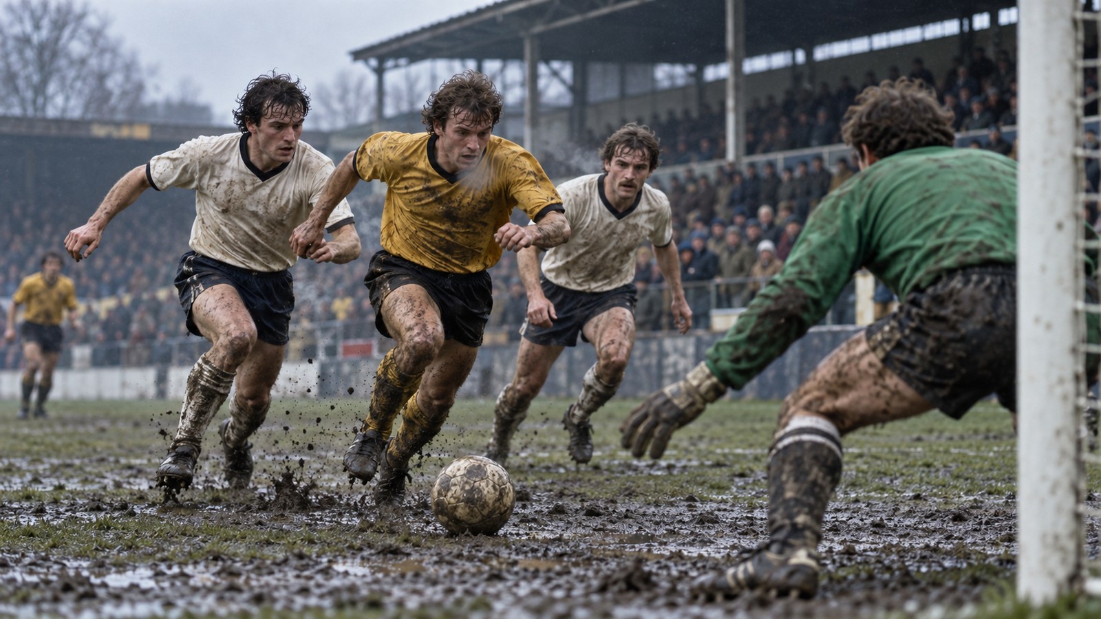 A fictional Wolves striker in plain old-gold kit attacks a muddy Fourth Division goalmouth in the late 1980s