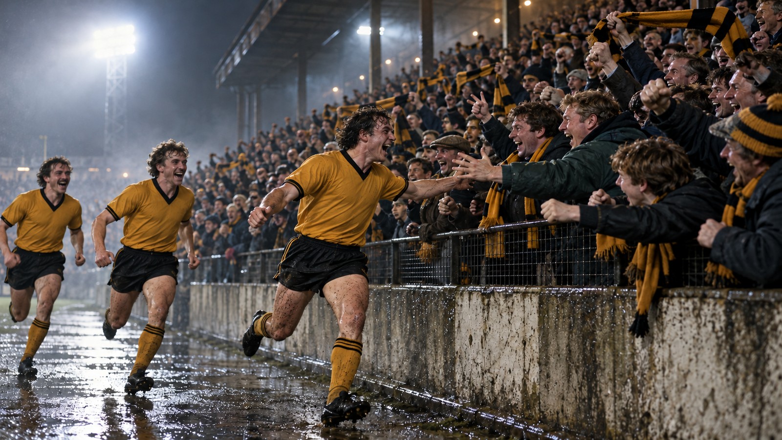 A fictional late-1980s lower-league crowd celebrates as an old-gold striker runs toward the terrace