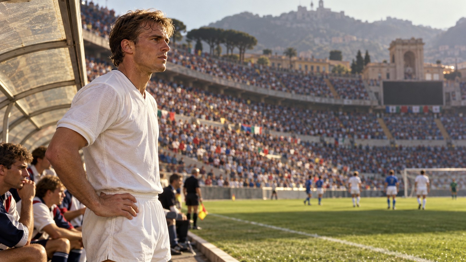 A fictional England substitute striker waits beside a sunlit Italian stadium pitch in 1990