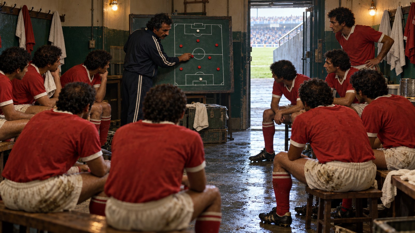 A fictional 1978 Tunisian team studies a half-time tactical adjustment in Rosario