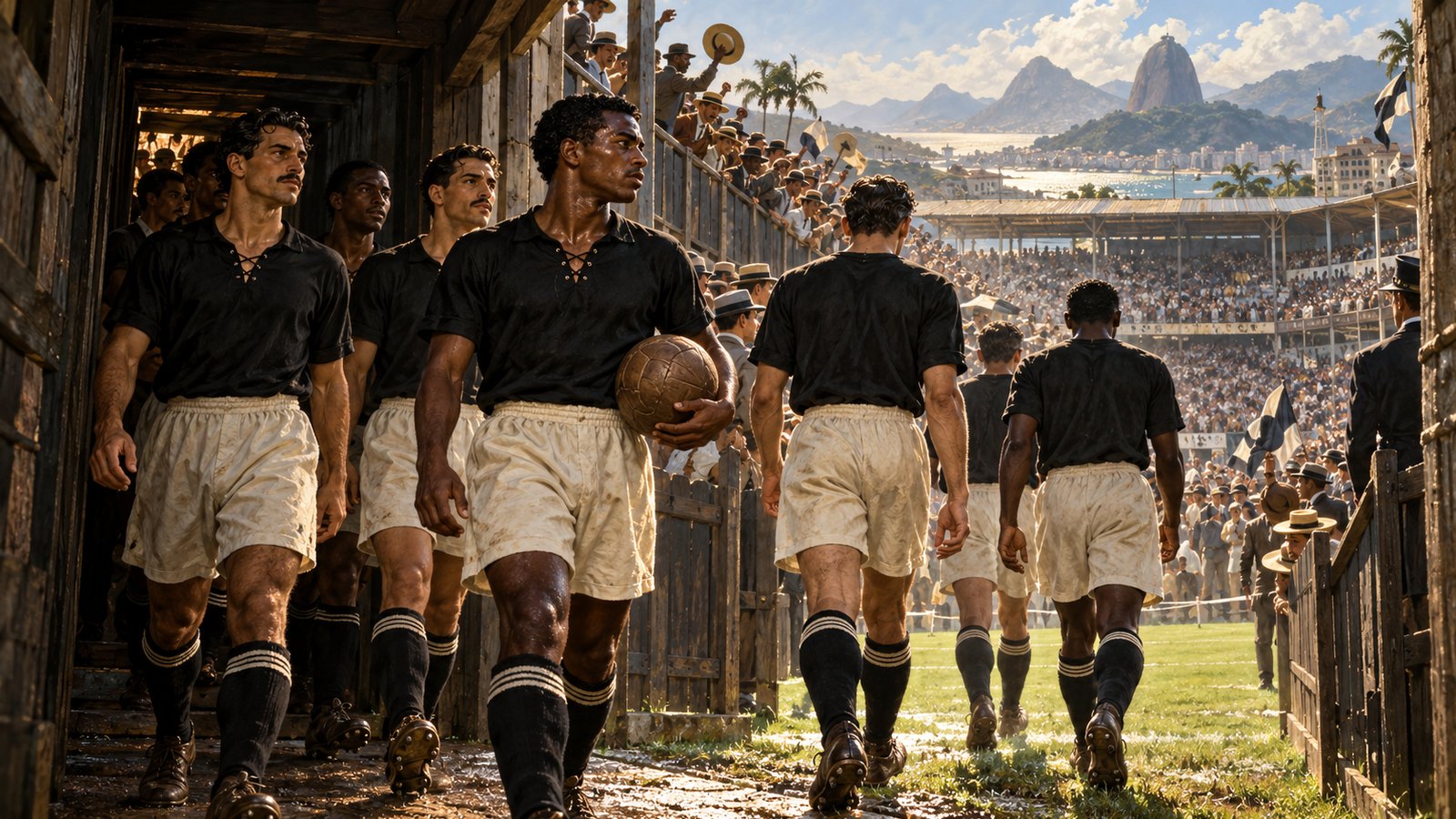 A diverse fictional 1923 black-shirt football team enters an early Rio ground