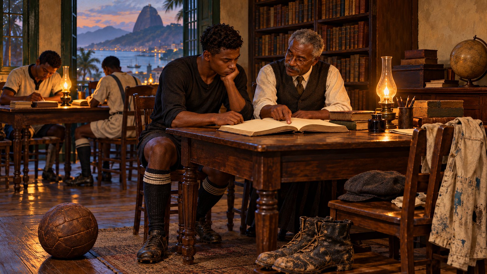 A fictional Black 1920s footballer receives literacy instruction in a club library