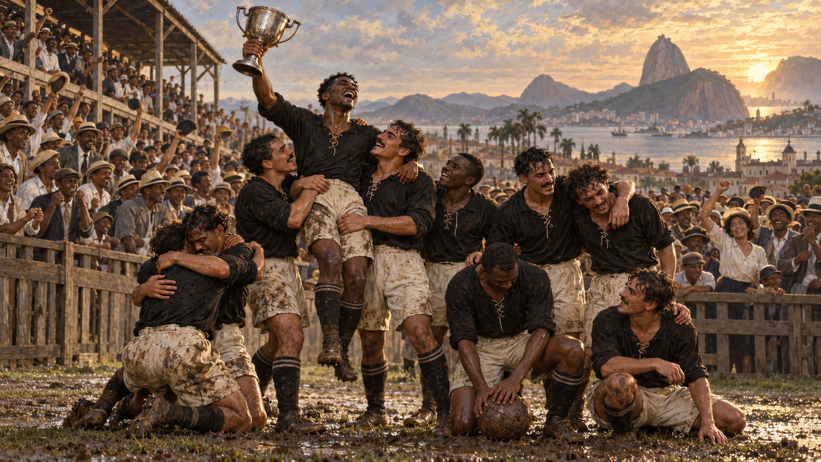 A diverse fictional black-shirt team celebrates a 1924 championship in Rio