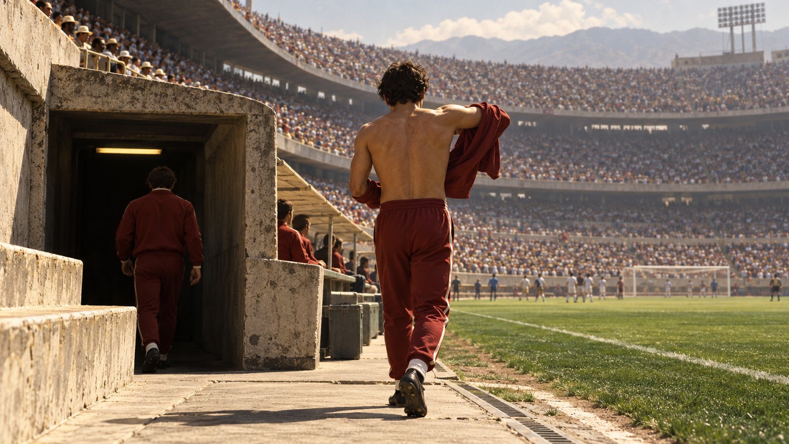 A Soviet reserve player prepares to enter the sunlit Azteca pitch during the 1970 World Cup opener