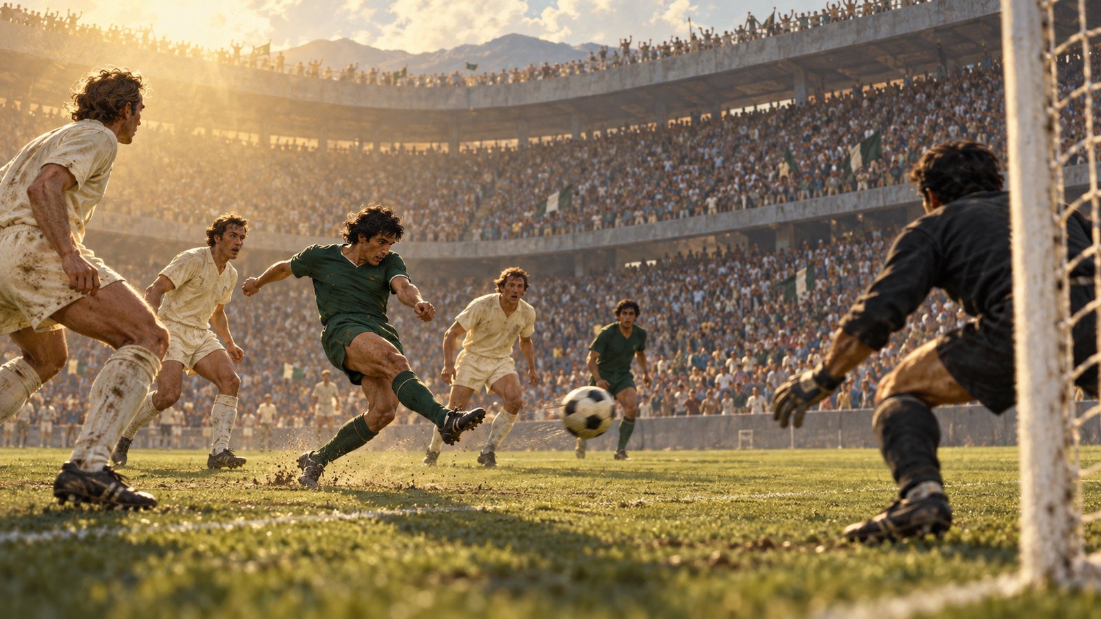 A fictional Mexican substitute in a plain green kit scores late at the crowded Azteca in 1970