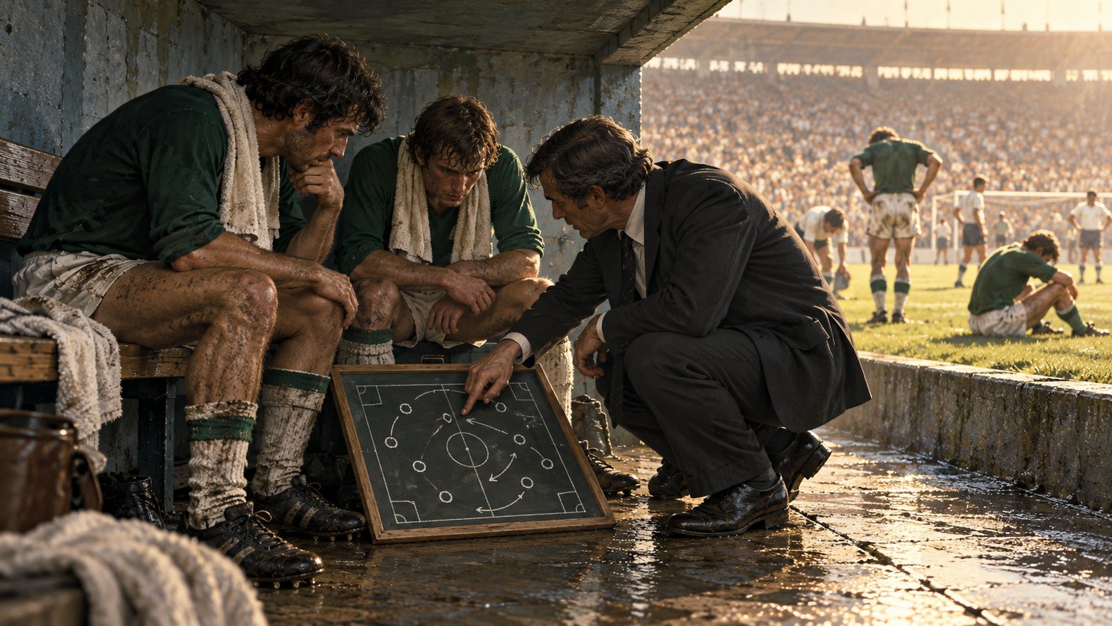 A 1970 football coach studies two reserve players beside a simple tactical board in a concrete stadium dugout